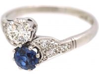 Edwardian 18ct White Gold, Sapphire & Diamond Crossover Ring by Charles Green & Sons