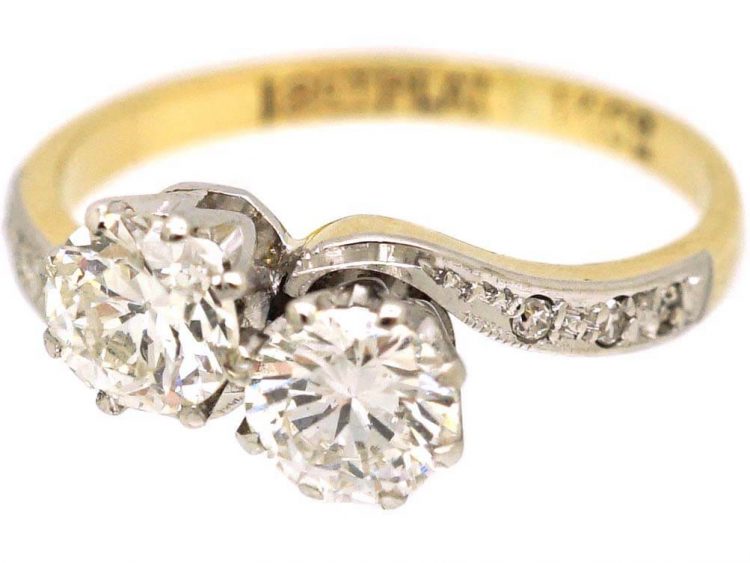 Early 20th Century 18ct Gold & Platinum Two Stone Diamond Crossover Ring