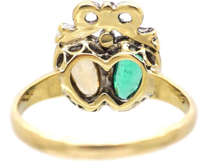Victorian 18ct Gold, Rose Diamond Emerald & Topaz Double Heart Ring