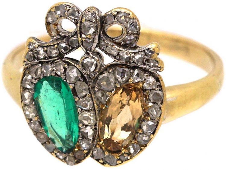 Victorian 18ct Gold, Rose Diamond Emerald & Topaz Double Heart Ring