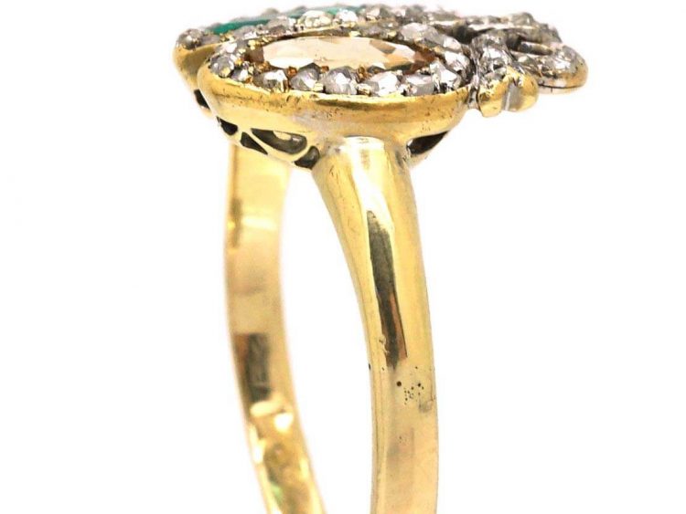 Victorian 18ct Gold, Rose Diamond Emerald & Topaz Double Heart Ring