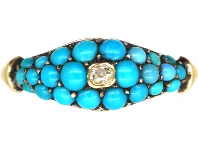 Victorian 15ct Gold & Silver Pave set Turquoise & Diamond Ring