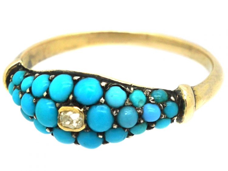 Victorian 15ct Gold & Silver Pave set Turquoise & Diamond Ring