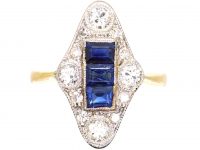Art Deco 18ct Gold & Platinum, Sapphire & Diamond Navette Shaped Ring