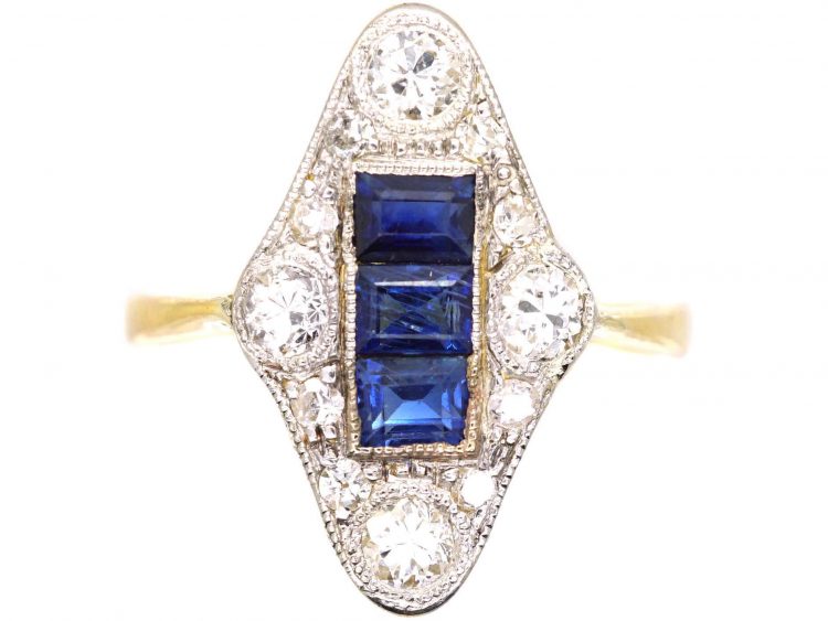 Art Deco 18ct Gold & Platinum, Sapphire & Diamond Navette Shaped Ring