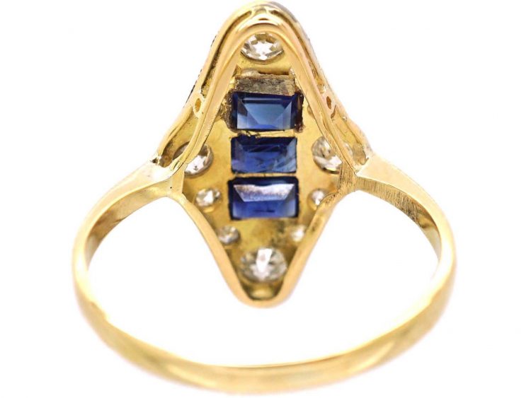 Art Deco 18ct Gold & Platinum, Sapphire & Diamond Navette Shaped Ring