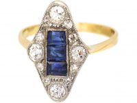 Art Deco 18ct Gold & Platinum, Sapphire & Diamond Navette Shaped Ring