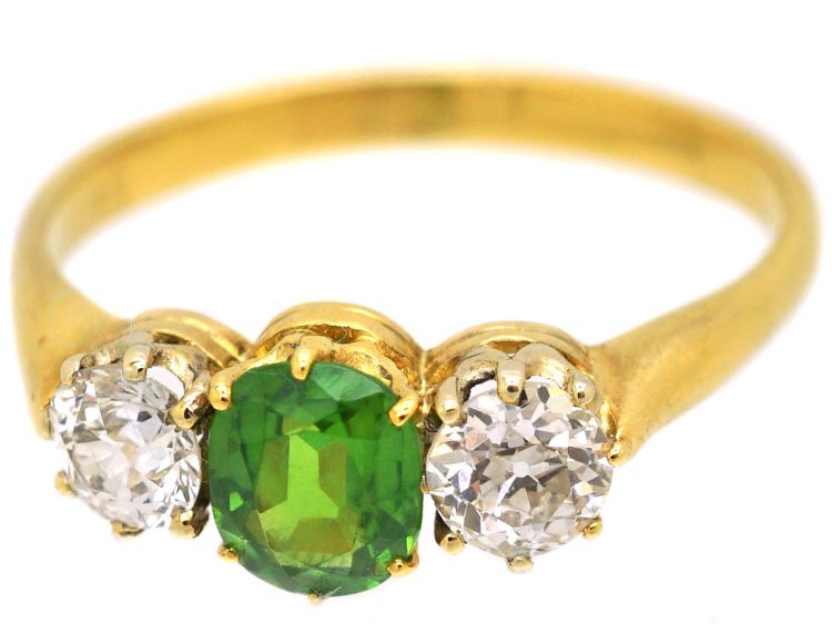 Edwardian 18ct Gold Three Stone Green Garnet & Diamond Ring