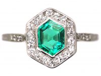 Art Deco Platinum, Hexagonal Emerald & Diamond Ring