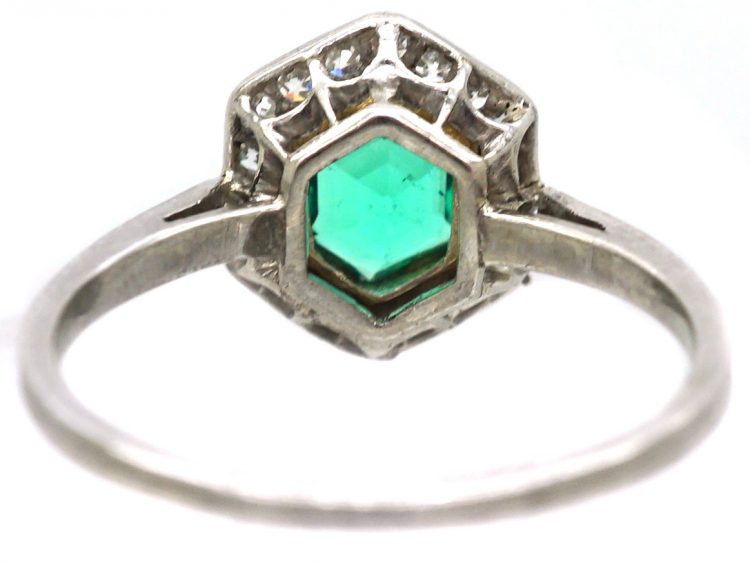 Art Deco Platinum, Hexagonal Emerald & Diamond Ring