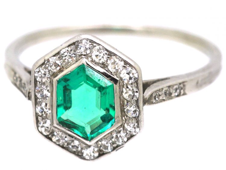 Art Deco Platinum, Hexagonal Emerald & Diamond Ring