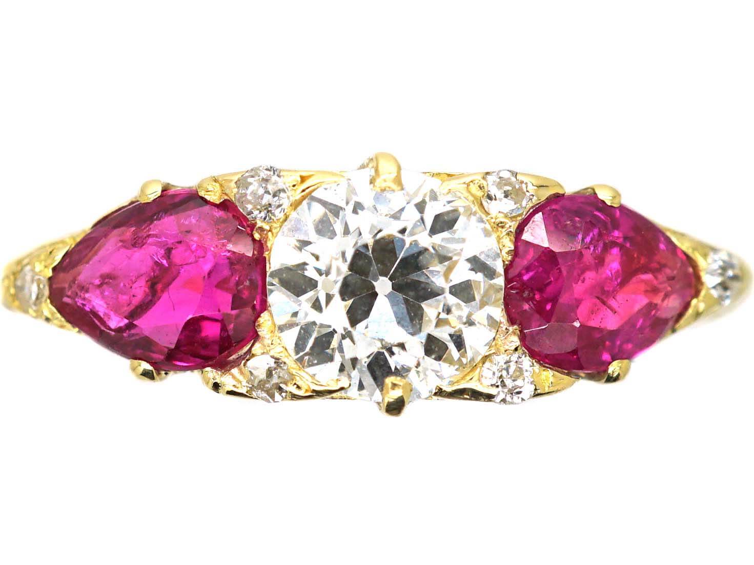 Victorian 18ct Gold Pear Shaped Burma Ruby & Diamond Carved Half Hoop Ring