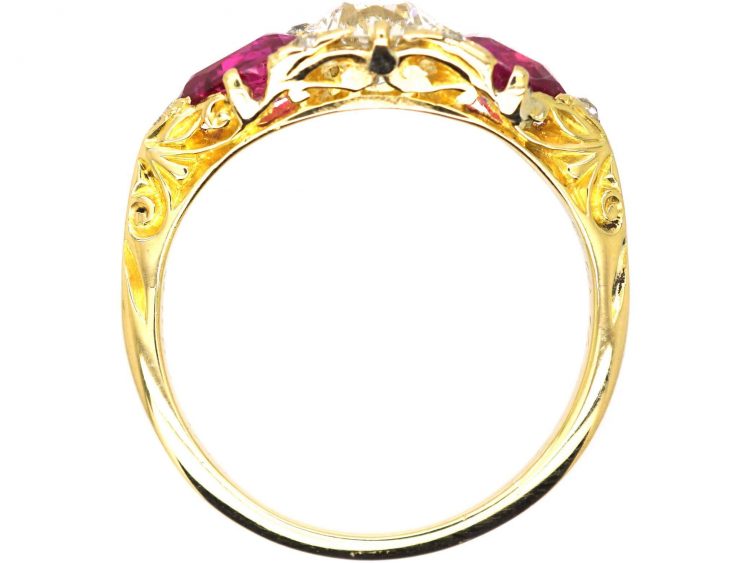 Victorian 18ct Gold Pear Shaped Burma Ruby & Diamond Carved Half Hoop Ring