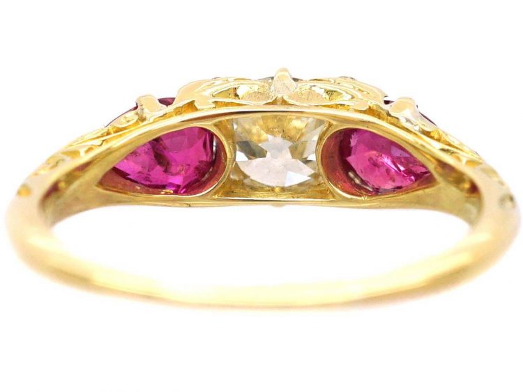 Victorian 18ct Gold Pear Shaped Burma Ruby & Diamond Carved Half Hoop Ring