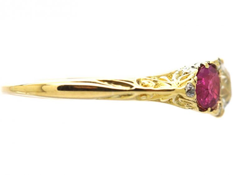 Victorian 18ct Gold Pear Shaped Burma Ruby & Diamond Carved Half Hoop Ring