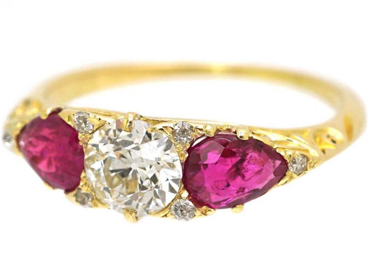 Victorian 18ct Gold Pear Shaped Burma Ruby & Diamond Carved Half Hoop Ring