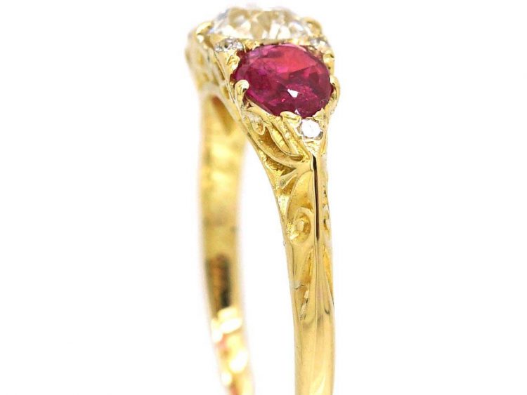 Victorian 18ct Gold Pear Shaped Burma Ruby & Diamond Carved Half Hoop Ring