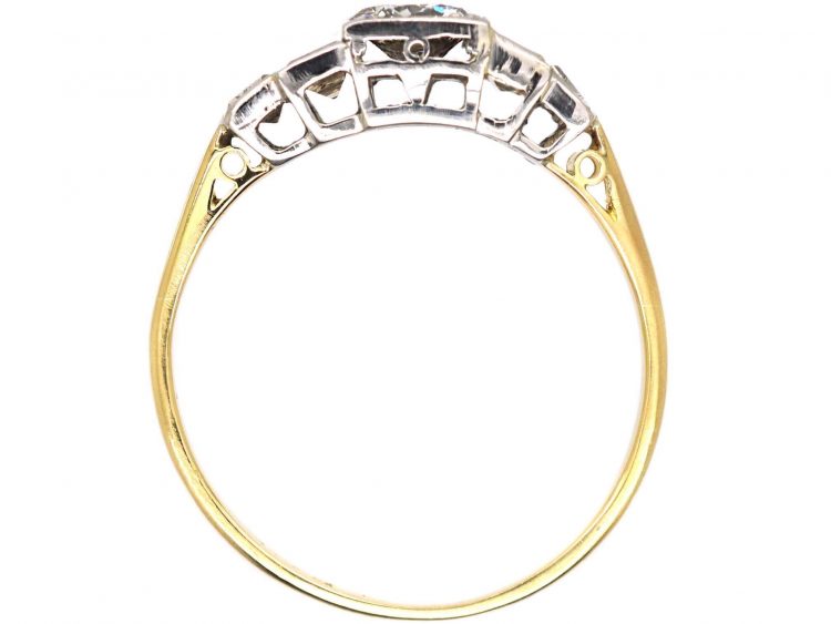 Art Deco 18ct Gold & Platinum Diamond Solitaire Ring with Baguette Cut Diamond Shoulders