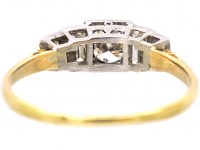 Art Deco 18ct Gold & Platinum Diamond Solitaire Ring with Baguette Cut Diamond Shoulders