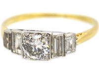 Art Deco 18ct Gold & Platinum Diamond Solitaire Ring with Baguette Cut Diamond Shoulders