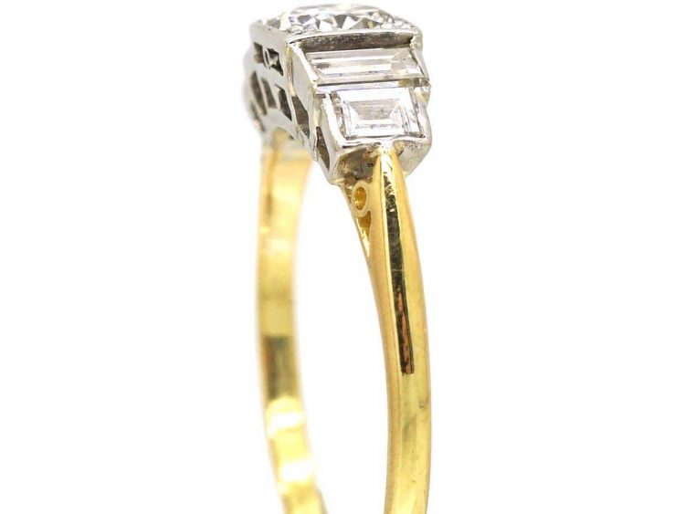 Art Deco 18ct Gold & Platinum Diamond Solitaire Ring with Baguette Cut Diamond Shoulders