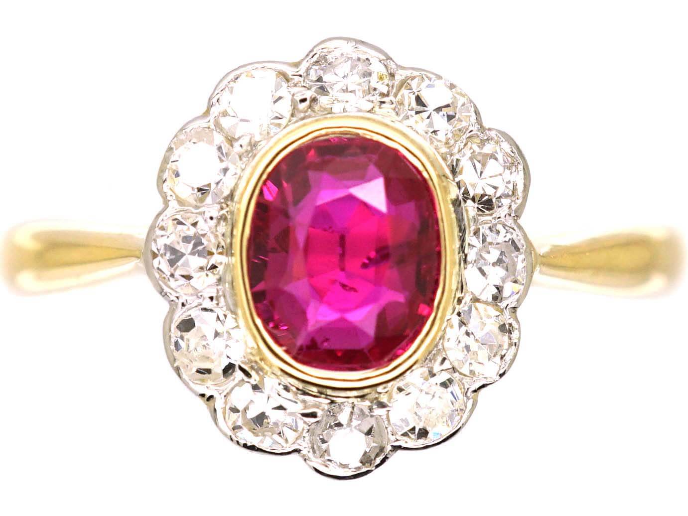 Edwardian 18ct Gold & Platinum Ruby & Diamond Oval Cluster Ring (165Z ...