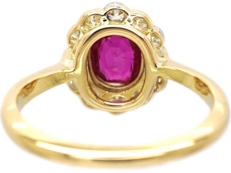 Edwardian 18ct Gold & Platinum Ruby & Diamond Oval Cluster Ring