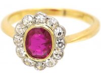 Edwardian 18ct Gold & Platinum Ruby & Diamond Oval Cluster Ring