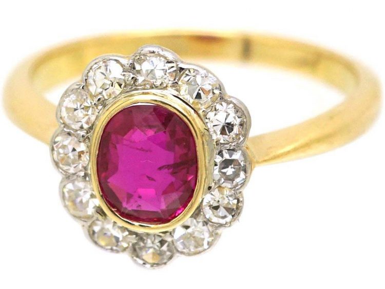 Edwardian 18ct Gold & Platinum Ruby & Diamond Oval Cluster Ring