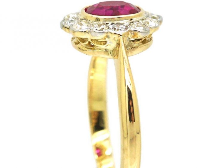 Edwardian 18ct Gold & Platinum Ruby & Diamond Oval Cluster Ring