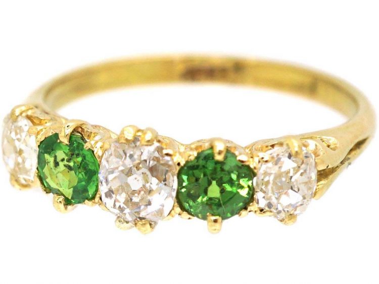 Edwardian 18ct Gold Five Stone Green Garnet & Diamond Ring