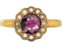Edwardian 18ct Gold Cluster Ring set with a Garnet & Natural Pearls