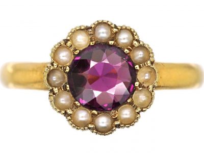 Edwardian 18ct Gold Cluster Ring set with a Garnet & Natural Pearls