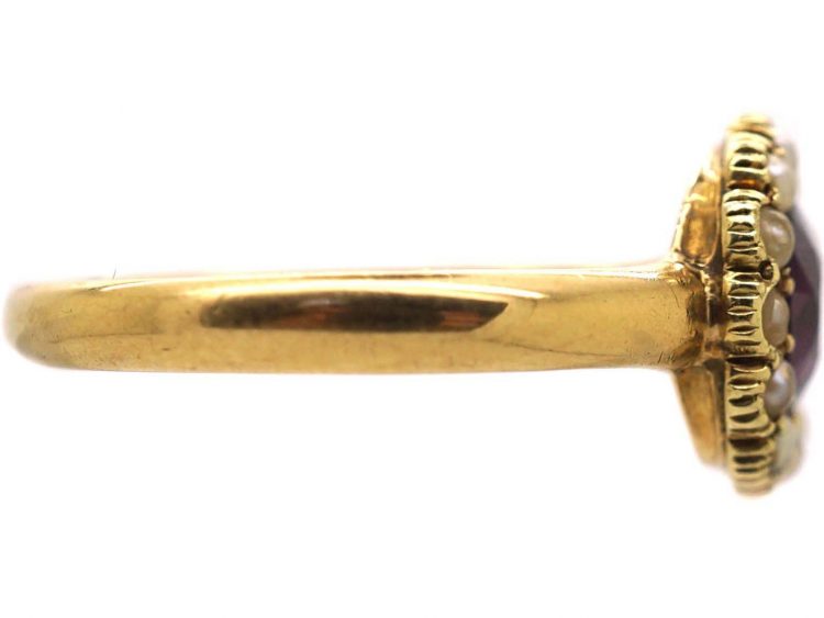Edwardian 18ct Gold Cluster Ring set with a Garnet & Natural Pearls