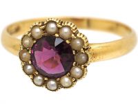 Edwardian 18ct Gold Cluster Ring set with a Garnet & Natural Pearls