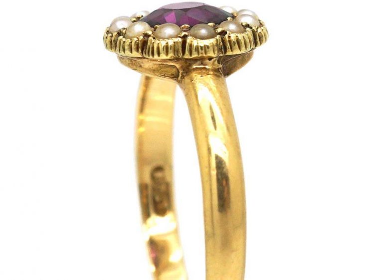 Edwardian 18ct Gold Cluster Ring set with a Garnet & Natural Pearls