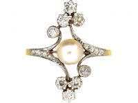 French Art Nouveau 18ct Gold & Platinum Diamond & Natural Pearl Ring