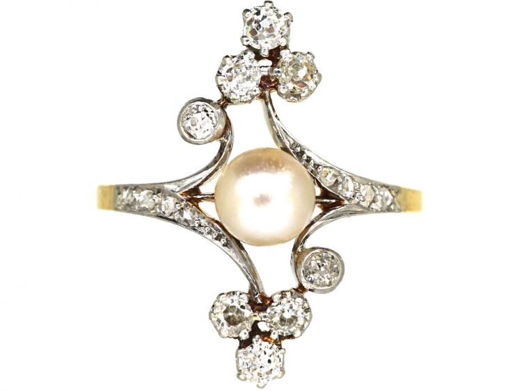 French Art Nouveau 18ct Gold & Platinum Diamond & Natural Pearl Ring