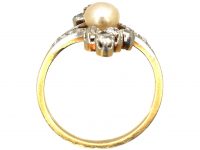 French Art Nouveau 18ct Gold & Platinum Diamond & Natural Pearl Ring
