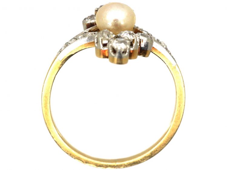 French Art Nouveau 18ct Gold & Platinum Diamond & Natural Pearl Ring