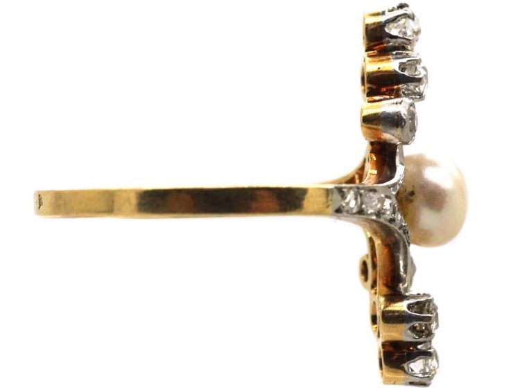 French Art Nouveau 18ct Gold & Platinum Diamond & Natural Pearl Ring