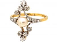 French Art Nouveau 18ct Gold & Platinum Diamond & Natural Pearl Ring