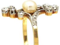French Art Nouveau 18ct Gold & Platinum Diamond & Natural Pearl Ring