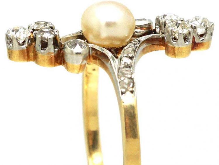 French Art Nouveau 18ct Gold & Platinum Diamond & Natural Pearl Ring