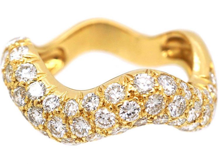 French 18ct Gold 1970s Wave Ring set with Diamonds by Roger Mathon