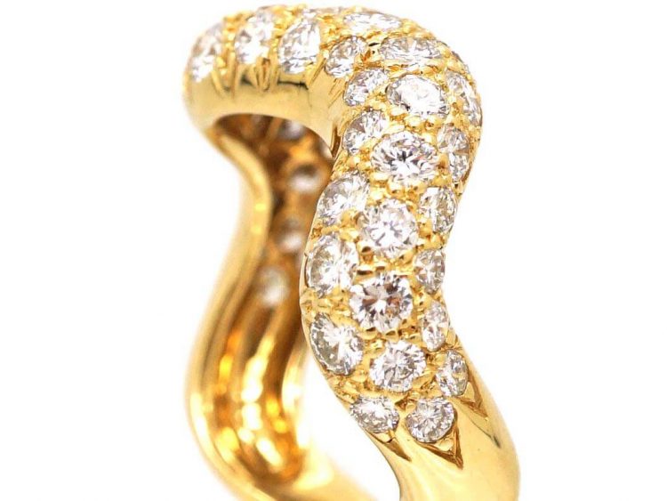 French 18ct Gold 1970s Wave Ring set with Diamonds by Roger Mathon