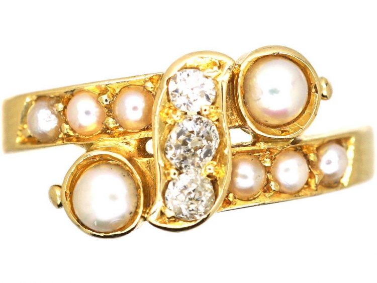 Edwardian 18ct Gold Crossover Ring set with Natural Split Pearls & Diamonds