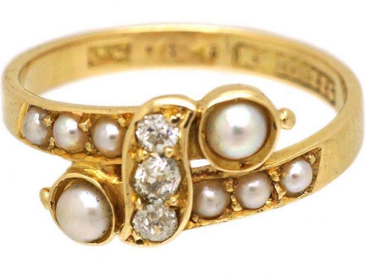 Edwardian 18ct Gold Crossover Ring set with Natural Split Pearls & Diamonds