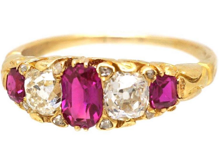 Victorian 18ct Gold Ruby & Diamond Five Stone Ring