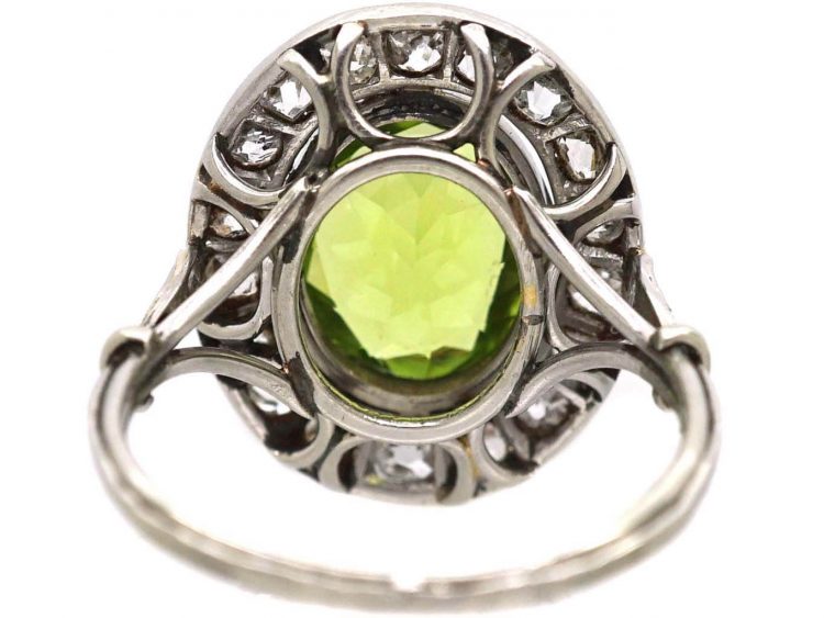 Early 20th Century French Platinum, Peridot & Diamond Oval Cluster Ring